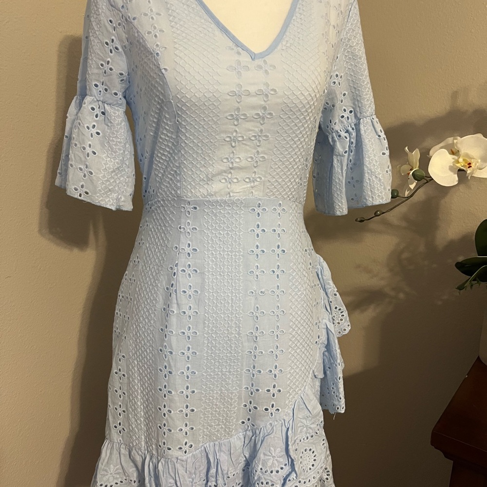 SHEIN Light Blue Eyelet Ruffle Faux Wrap Midi Dress